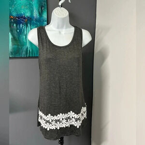 Women's Large Grey Top Stretch Crochet Floral‎ Hem Boho Romantic Fairycore